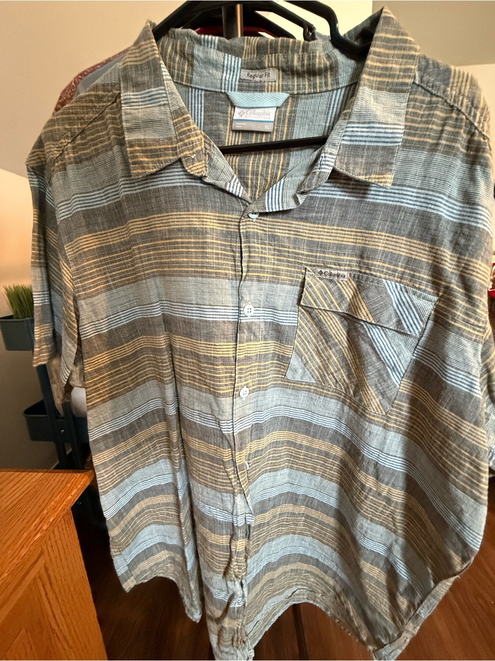 Columbia Men's Short-Sleeve Button-Up Shirt in Olive, Blue, Grey Stripe